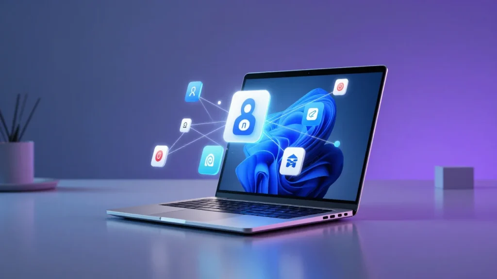 薄型ノートPCの周囲に無数のアプリアイコンが光るネットワーク状に浮かぶ、近未来的なワークスペースを描いたコンセプトアート
