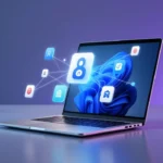 薄型ノートPCの周囲に無数のアプリアイコンが光るネットワーク状に浮かぶ、近未来的なワークスペースを描いたコンセプトアート