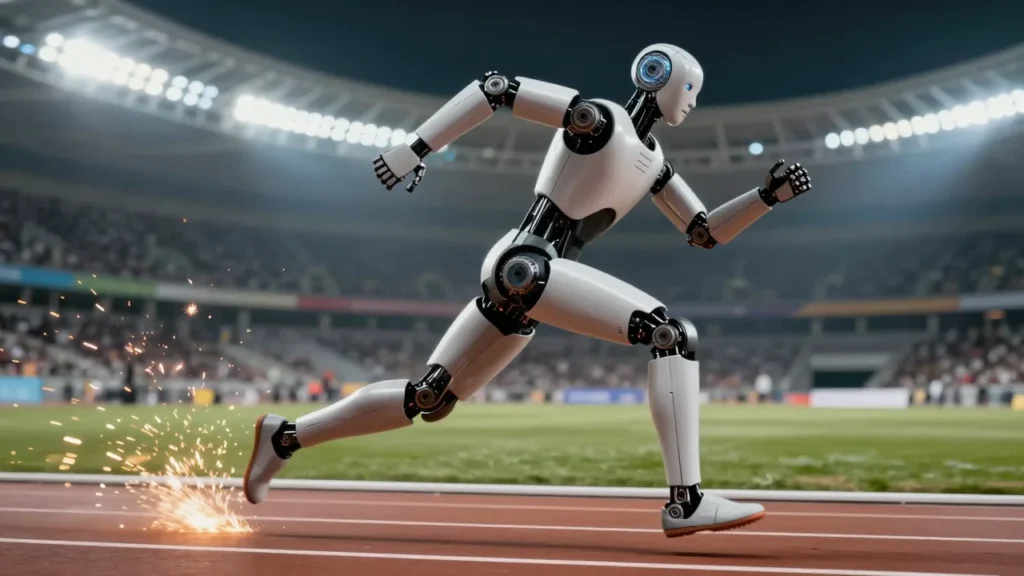 陸上トラックを疾走する人型ロボット。片脚の関節部分から火花が散る様子を捉えたダイナミックなアクションショット