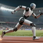 陸上トラックを疾走する人型ロボット。片脚の関節部分から火花が散る様子を捉えたダイナミックなアクションショット