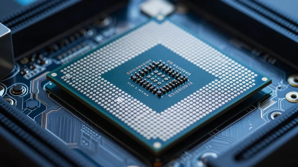 次世代CPUソケットのクローズアップ。精密なピン配列と冷たいブルー・シルバーのトーン