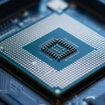 次世代CPUソケットのクローズアップ。精密なピン配列と冷たいブルー・シルバーのトーン