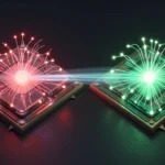 青とオレンジのアクセント照明が映える、抽象的なGPUダイと発光する回路パターンをテーマにしたコンセプトアート