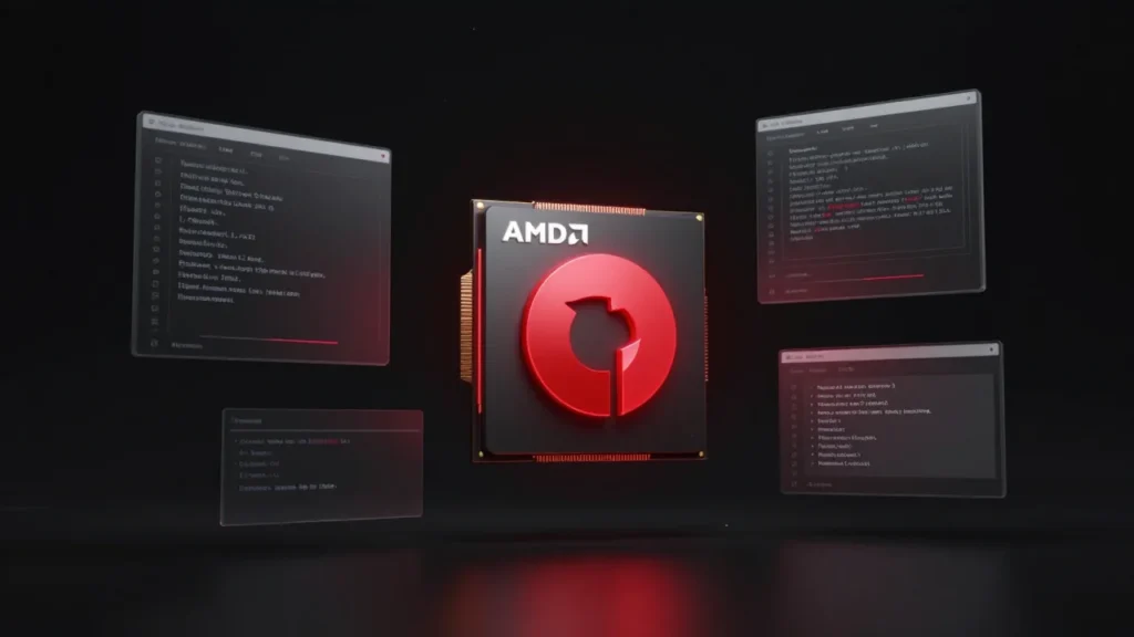 AMD Radeon GPUチップを中心に、抽象化されたコマンドラインとダッシュボード要素が浮かぶモダンなソフトウェアインターフェースのコンセプトアート