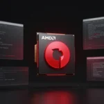 AMD Radeon GPUチップを中心に、抽象化されたコマンドラインとダッシュボード要素が浮かぶモダンなソフトウェアインターフェースのコンセプトアート