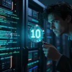 ースコードの中に潜んでいた手がかりを虫眼鏡で見つけ出す、探偵的な調査シーンのイメージ。ダークなサーバールームを背景に、コードの中でバージョン番号「10」が浮かび上がって光る、ノワール調のテックイラスト