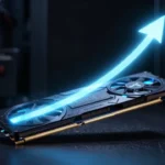 メモリチップが発光するグラフィックボードのコンセプト写真。VRAM容量の伸びを象徴する上向きの光の軌跡、ダークで映画的な照明