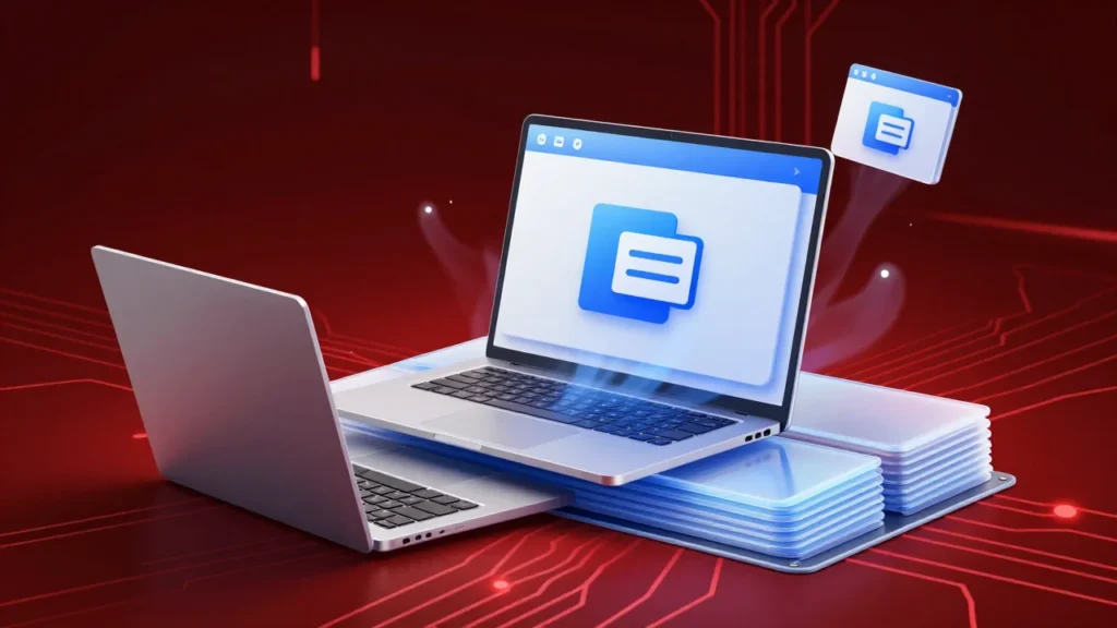 巨大な半透明のメモリチップの塊に押しつぶされそうになるノートPCと、圧力で縮こまるOSウィンドウアイコンを描いた、警告色の赤い照明が印象的なコンセプトアート