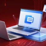 巨大な半透明のメモリチップの塊に押しつぶされそうになるノートPCと、圧力で縮こまるOSウィンドウアイコンを描いた、警告色の赤い照明が印象的なコンセプトアート