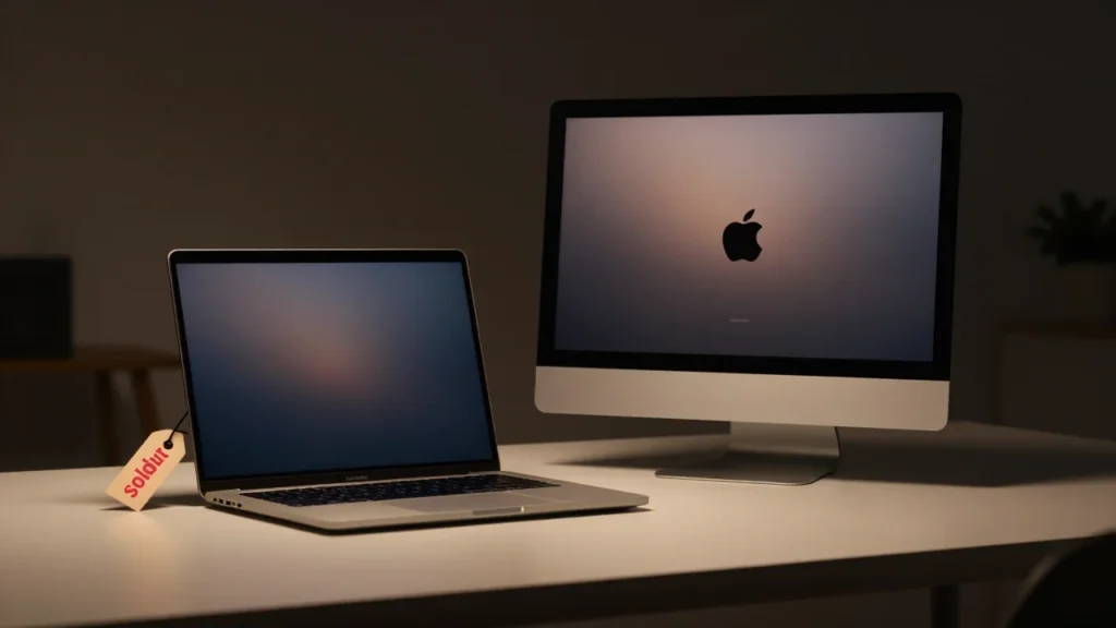 薄型ノートPCと小型デスクトップPCがミニマルな机の上に並んで置かれている編集写真風の構図。ノート側には「完売」を示す光る値札が添えられている