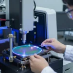 半導体クリーンルームでウェハを検査するエンジニア。青白いLED照明と先端リソグラフィ装置が並ぶ精密な雰囲気
