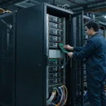 データセンターのリサイクル施設で、退役したサーバーラックからメモリモジュールを取り外す技術者のイメージ