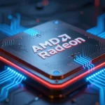 次世代GPUダイをイメージしたコンセプトアート。青と赤のアクセントライトが基板の回路を照らす、近未来的な雰囲気