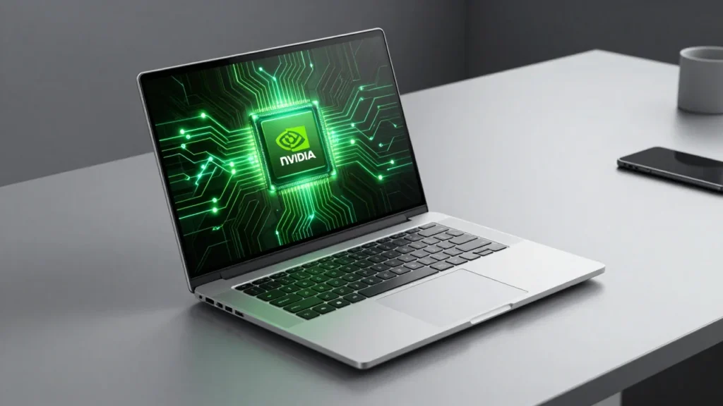 次世代の超薄型ノートPCコンセプトアート。NVIDIAカラーの緑の回路パターンが基板を照らす、洗練されたシルバー筐体