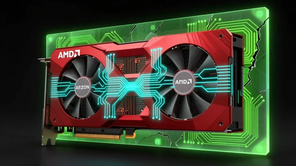 赤を基調としたAMD Radeon GPUに青緑色のニューラルネットワーク模様が重なり、隣でNVIDIAグリーンの回路の壁にヒビが入っているコンセプトアート