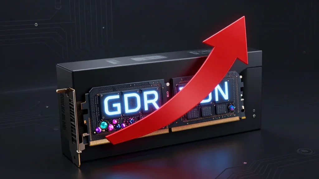 グラフィックカードの箱から赤い値上がり矢印が急上昇し、GDDRメモリチップが宝石のように光っているコンセプトアート