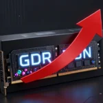 グラフィックカードの箱から赤い値上がり矢印が急上昇し、GDDRメモリチップが宝石のように光っているコンセプトアート