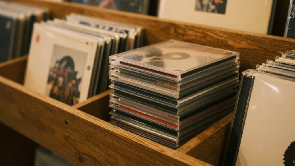 木製の棚に積まれたCDケースとアルバムジャケットの静物写真。温かみのある照明、フィルム調の質感で懐かしいアナログの雰囲気を演出