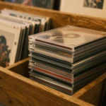 木製の棚に積まれたCDケースとアルバムジャケットの静物写真。温かみのある照明、フィルム調の質感で懐かしいアナログの雰囲気を演出