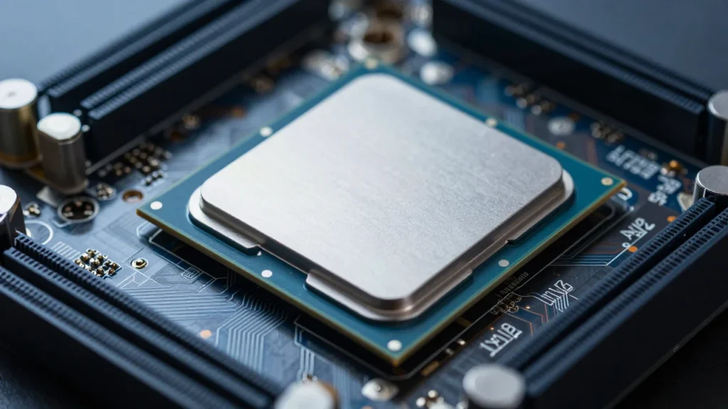 AM5マザーボードのソケットに置かれたデスクトップCPUのクローズアップ製品写真。青とシルバーを基調としたクールな配色、基板パターンが透けて見えるスタジオ照明