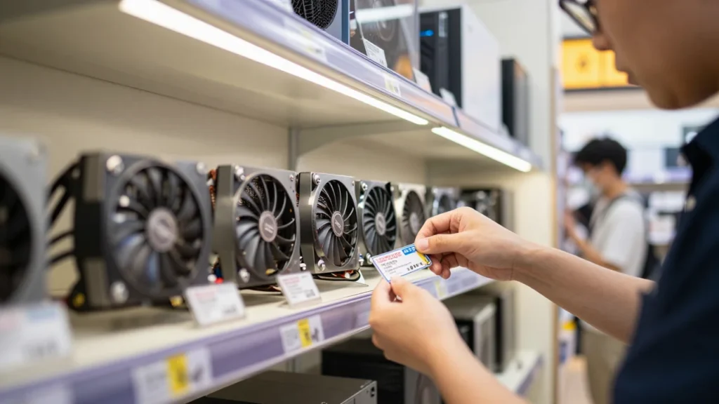 日本の家電量販店・PCショップの店内、グラフィックボードの陳列棚と値札を貼り替える店員の手を写した写真風カット
