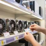 日本の家電量販店・PCショップの店内、グラフィックボードの陳列棚と値札を貼り替える店員の手を写した写真風カット