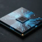 謎に包まれた未来的なマイクロプロセッサのダイ。暗い背景に発光する回路パターンが浮かび上がる、ロゴやテキストを含まないコンセプト写真風の一枚