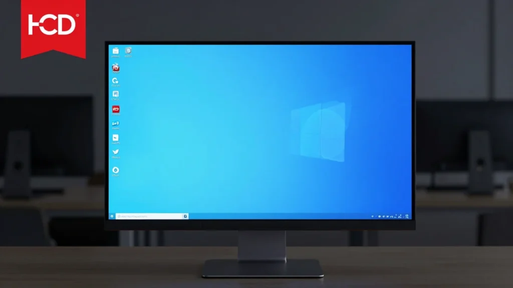 青みがかったモダンな壁紙が表示されたPCモニター。画面隅にさりげない広告バナー風の要素が入った、ロゴ・テキストなしのクリーンなテック写真風の一枚