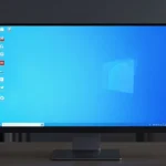 青みがかったモダンな壁紙が表示されたPCモニター。画面隅にさりげない広告バナー風の要素が入った、ロゴ・テキストなしのクリーンなテック写真風の一枚