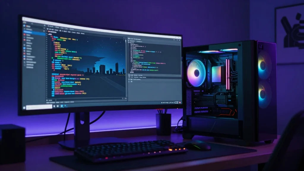 夜間の自作ゲーミングPCデスク。光るRGBタワーPC、コードとネオン都市のシルエットを映す2枚のモニター、青紫の落ち着いた照明
