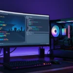 夜間の自作ゲーミングPCデスク。光るRGBタワーPC、コードとネオン都市のシルエットを映す2枚のモニター、青紫の落ち着いた照明