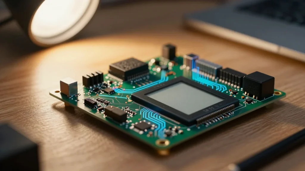 作業机の上のカスタムPCB。はんだ付けされた部品と小型E Inkディスプレイモジュール、暖色系のデスクライト照明、AI設計を示唆する淡い青色のホログラム状回路パターンの重ね合わせ