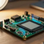 作業机の上のカスタムPCB。はんだ付けされた部品と小型E Inkディスプレイモジュール、暖色系のデスクライト照明、AI設計を示唆する淡い青色のホログラム状回路パターンの重ね合わせ
