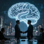 巨大な脳の形をしたホログラムの下で握手する企業幹部たちのシルエット、ドラマチックな照明の会議室、夜の高層ビル群を背景にした映画的な広角構図